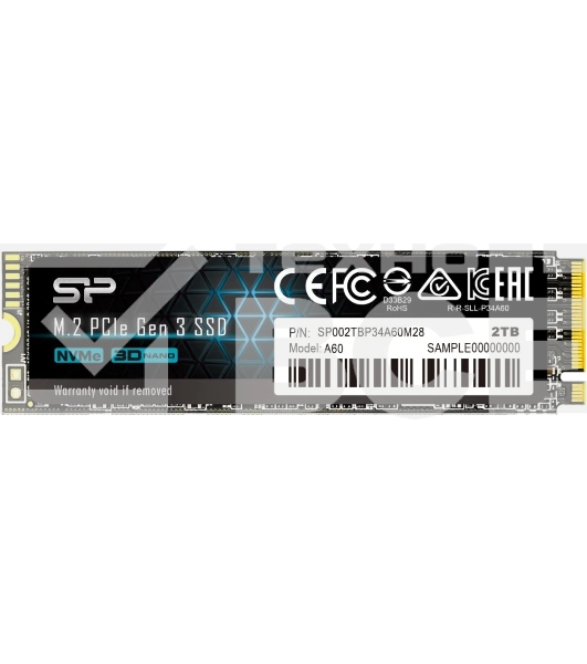 Накопитель SSD Silicon Power P34A60, 2Tb, PCIe 3.0 x4, M.2 2280, NVMe, R/W 2200/1600