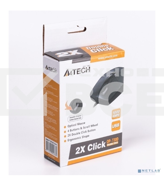 Мышь проводная A4Tech OP-730D черный, 1200 dpi, USB, кнопки - 4