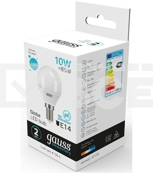 Лампа светодиодная Gauss Elementary 10Вт цок.:E14 шар 220B 4100K св.свеч.бел.нейт. (упак.:10шт) (53120)