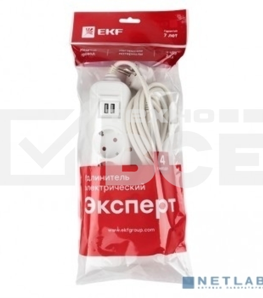Удлинитель EKF UBA16-2USB-4-03i 'Эксперт' 4 гнезда 3 метра 16А/3,5 кВт с 2 USB 2,1А ПВС 3х1