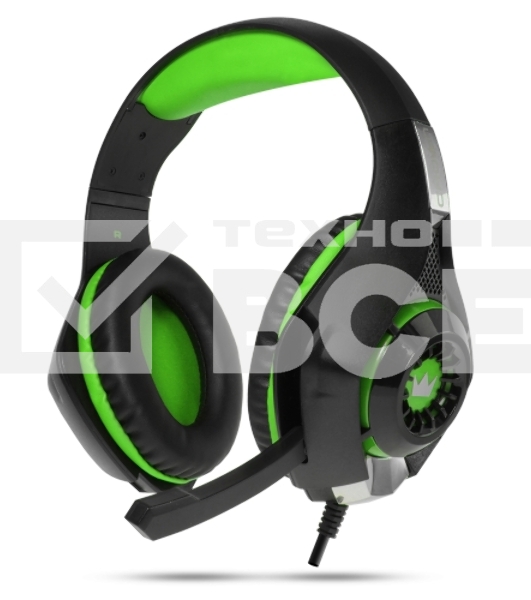 Гарнитура проводная игровая CROWN CMGH-102T Black&green (Подключение USB, встроенная аудио карта, Частотный диапазон: 20Гц-20,000 Гц,Кабель 2.1м,Размер D 250мм)