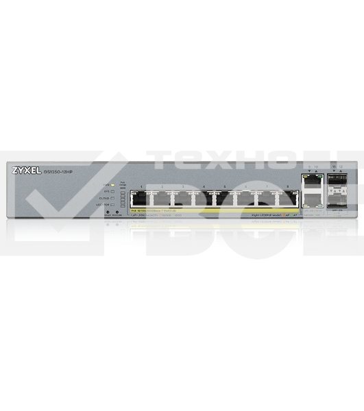 Коммутатор Zyxel GS1350-12HP, 10xGE (8xPoE+), 2xSFP, бюджет PoE 130 Вт, дальность передачи питания до 250 м, автоперезагрузка PoE-портов, повышенная защита от перенапряжений и электростатических разрядов