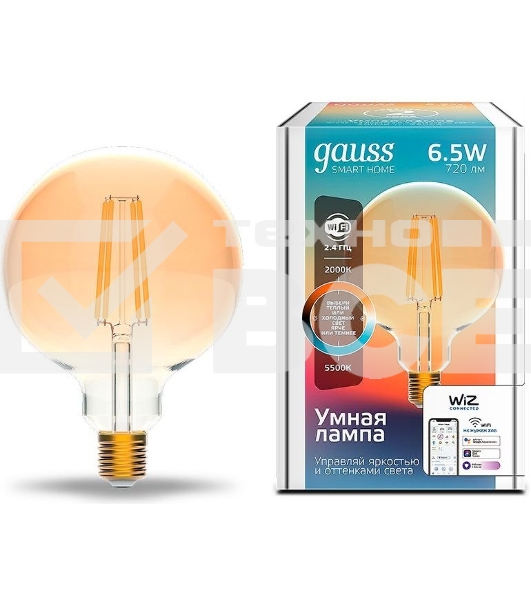Лампа светодиодная филаментная Gauss Smart Home DIM+CCT E27 G95 Golden 6,5 Вт 2000-5500 К 1/40