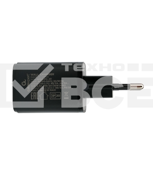Зарядное устройство Cablexpert MP3A-PC-43, 30Вт, 3А, быстрая зарядка QC3.0/PD, 2 порта: USB и Type-C, черный, пакет