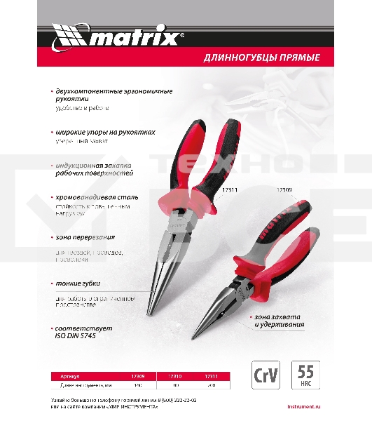 Длинногубцы прямые, 160 мм, хром-ванадий, двухкомпонентные рукоятки Matrix