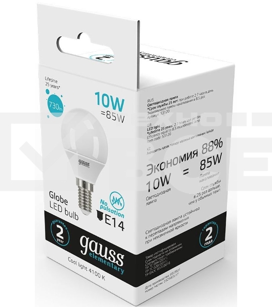 Лампа светодиодная Gauss Elementary 10Вт цок.:E14 шар 220B 4100K св.свеч.бел.нейт. (упак.:10шт) (53120)