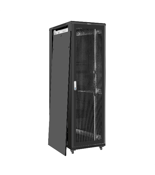 Шкаф телекоммуникационный 19' напольный 42U ExeGate EC-FS-42U.600.1000.V.V.BLACK (19”, 42U, 600x1000x2054mm (ШхГхВ), передняя и задняя двери перфорированные, съемные боковые панели, пыле- и влагозащита IP20, встроенный вентиляционный модуль, 1 полка в комплекте, черный RAL 9004, 3 коробки)