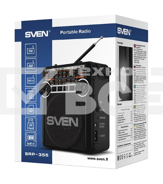 Радиоприемник АС SVEN SRP-355, черный (3 Вт, FM/AM/SW, USB, SD/microSD, фонарь, встроенный аккумулятор) АС SVEN SRP-355, черный (3 Вт, FM/AM/SW, USB, SD/microSD, фонарь, встроенный аккумулятор)