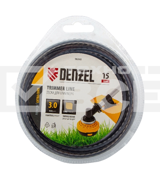 Леска для триммера двухкомпонентная зубчатый квадрат, 3,0мм х 15м, блистер EXTRA CORD Denzel