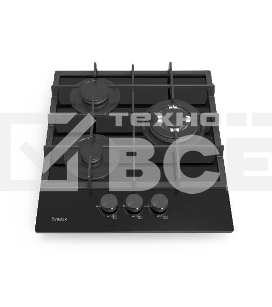 Газовая варочная панель Evelux HEG 425 BG Hi-Tech, 45 см, 3 конфорки, WOK-конфорка, чугунные решетки, газ-контроль, электроподжиг, механическое управление, цвет черный