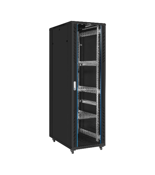 Шкаф телекоммуникационный 19' напольный 42U ExeGate EC-FS-42U.600.1000.G.V.BLACK (19”, 42U, 600x1000x2054mm (ШхГхВ), передняя дверь закаленное стекло, задняя перфорированная дверь, съемные боковые панели, пыле- и влагозащита IP20, встроенный вентиляционный модуль, 1 полка в комплекте, черный RAL 9004, 3 коробки)