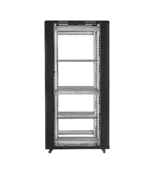 Шкаф телекоммуникационный 19' напольный 42U ExeGate EC-FS-42U.600.1000.V.V.BLACK (19”, 42U, 600x1000x2054mm (ШхГхВ), передняя и задняя двери перфорированные, съемные боковые панели, пыле- и влагозащита IP20, встроенный вентиляционный модуль, 1 полка в комплекте, черный RAL 9004, 3 коробки)