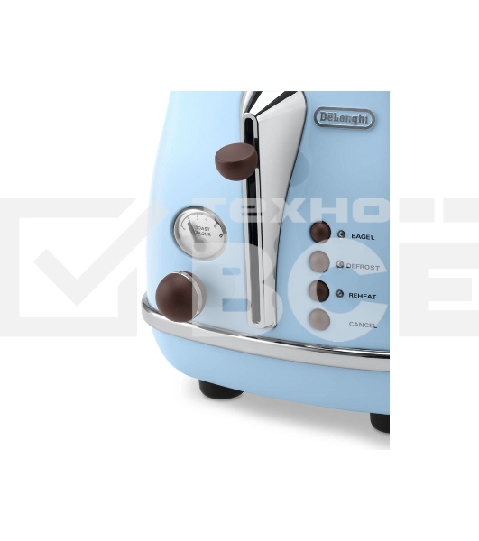Тостер DeLonghi CTOV 2103.AZ, 900Вт, на 2 тоста, разморозка, обжаривание, решетка для подогрева, поддон, голубой