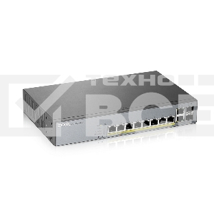 Коммутатор Zyxel GS1350-12HP, 10xGE (8xPoE+), 2xSFP, бюджет PoE 130 Вт, дальность передачи питания до 250 м, автоперезагрузка PoE-портов, повышенная защита от перенапряжений и электростатических разрядов
