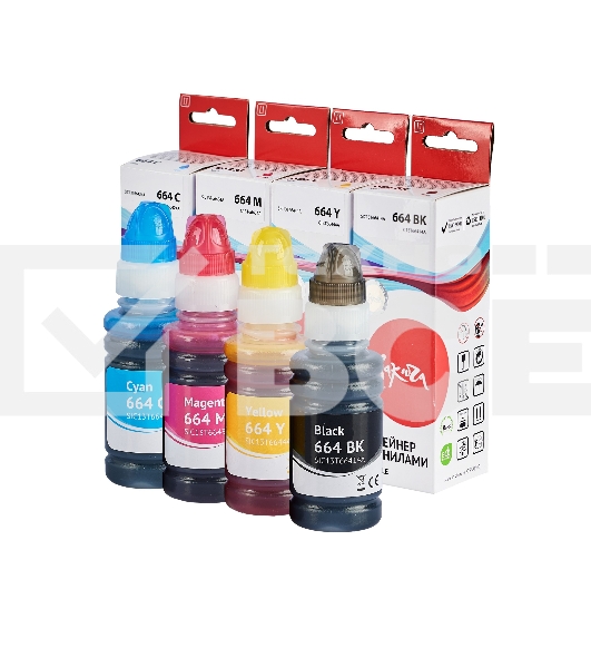 Набор чернил Sakura SIC13T664BA(664 BK) для Epson, водорастворимый тип, (черный, голубой, пурпурный, желтый), 4шт в наборе.