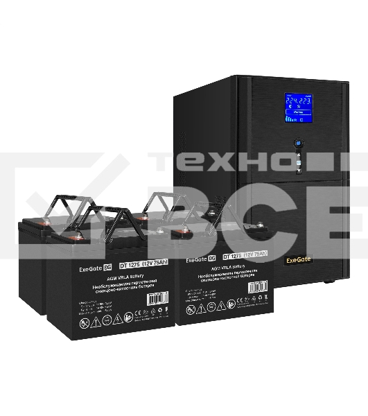 Комплект Источник бесперебойного питания EX295991RUS + батарея 75Aч EX282983RUS 4шт (инвертор, синус, для котла) ExeGate SineTower SZ-5000.LCD.AVR.2SH.1C13.T.RJ.USB <5000VA/4000W, чистый синусоида, LCD дисплей, AVR, 2*Schuko+1*C13+клеммы, RJ45/11, USB, ли