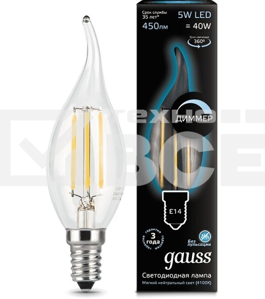 Лампа Filament Свеча на ветру 5W 450lm 4100К Е14 диммируемая LED