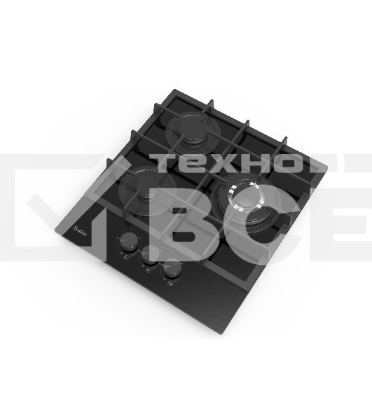 Газовая варочная панель Evelux HEG 425 BG Hi-Tech, 45 см, 3 конфорки, WOK-конфорка, чугунные решетки, газ-контроль, электроподжиг, механическое управление, цвет черный