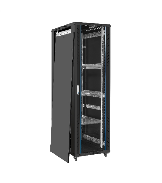 Шкаф телекоммуникационный 19' напольный 42U ExeGate EC-FS-42U.600.1000.G.V.BLACK (19”, 42U, 600x1000x2054mm (ШхГхВ), передняя дверь закаленное стекло, задняя перфорированная дверь, съемные боковые панели, пыле- и влагозащита IP20, встроенный вентиляционный модуль, 1 полка в комплекте, черный RAL 9004, 3 коробки)