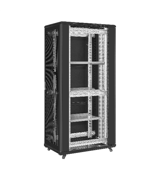 Шкаф телекоммуникационный 19' напольный 42U ExeGate EC-FS-42U.600.1000.V.V.BLACK (19”, 42U, 600x1000x2054mm (ШхГхВ), передняя и задняя двери перфорированные, съемные боковые панели, пыле- и влагозащита IP20, встроенный вентиляционный модуль, 1 полка в комплекте, черный RAL 9004, 3 коробки)