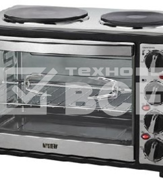 Мини-печь Mystery MOT-3330 (нержавеющая сталь, 1500 Вт, 2 конфорки, гриль, съемный вертел)