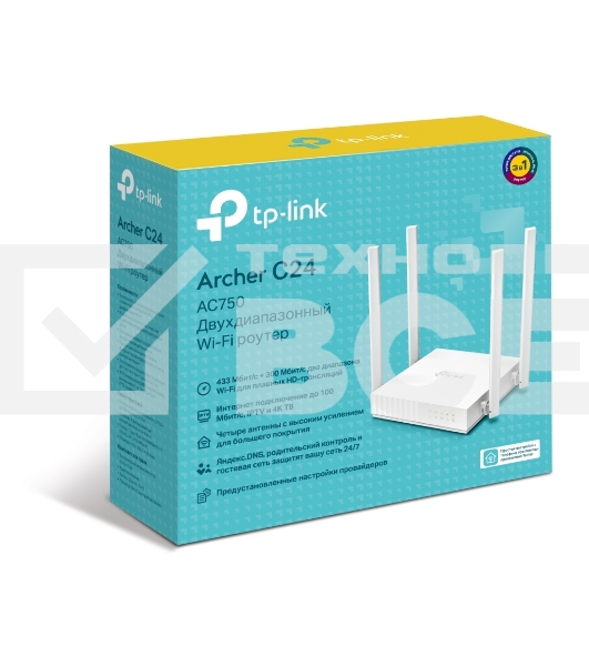 Роутер беспроводной TP-Link Archer C24 AC750 10/100BASE-TX белый