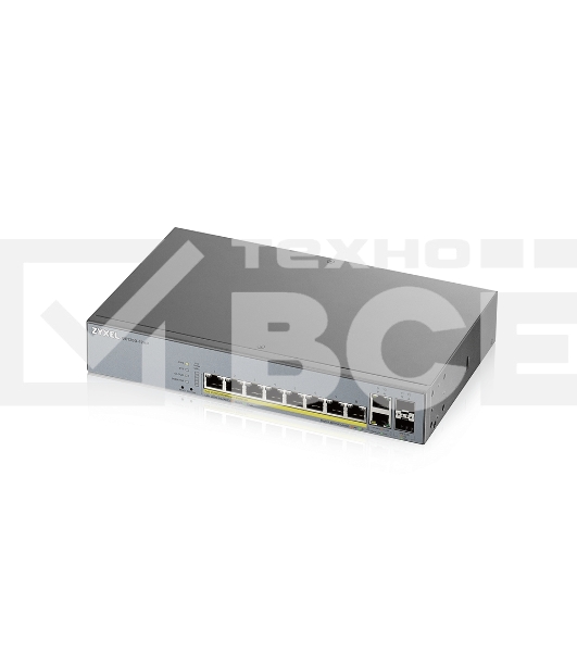 Коммутатор Zyxel GS1350-12HP, 10xGE (8xPoE+), 2xSFP, бюджет PoE 130 Вт, дальность передачи питания до 250 м, автоперезагрузка PoE-портов, повышенная защита от перенапряжений и электростатических разрядов