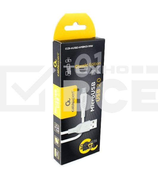 Кабель USB 2.0 Cablexpert CCB-mUSB2-AMBMO1-1MW, AM/microB, издание Classic 0.1, длина 1м, белый, блистер