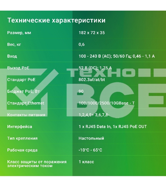 Инжектор PoE Digma DNP90W52GWXM 100/1000/2500/10GbASE-T 90Вт 100-240В(АС)