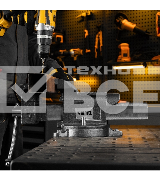 Тиски слесарные Denzel BVH-200, 200 мм, поворотные, стальная направляющая, с наковальней