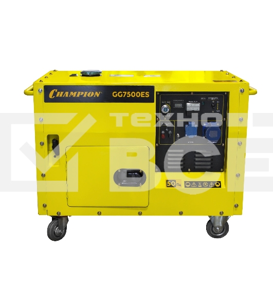 ГенераторCHAMPION GG7500ES5.5/6кВт OHV420 16лс 15л 126кг 2.5л/ч 12V эл.старт колеса шумозащита