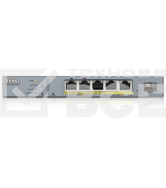 Коммутатор Zyxel GS1350-6HP, 4xGE PoE+, 1xGE PoE++ (802.3bt), 1xSFP, бюджет PoE 60 Вт, дальность передачи питания до 250 м, автоперезагрузка PoE-портов, повышенная защита от перенапряжений и электростатических р