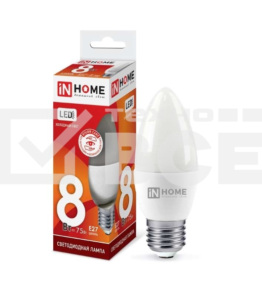 Лампа светодиодная LED-СВЕЧА-VC 8Вт 230В E27 6500К 720лм IN HOME 4690612024820