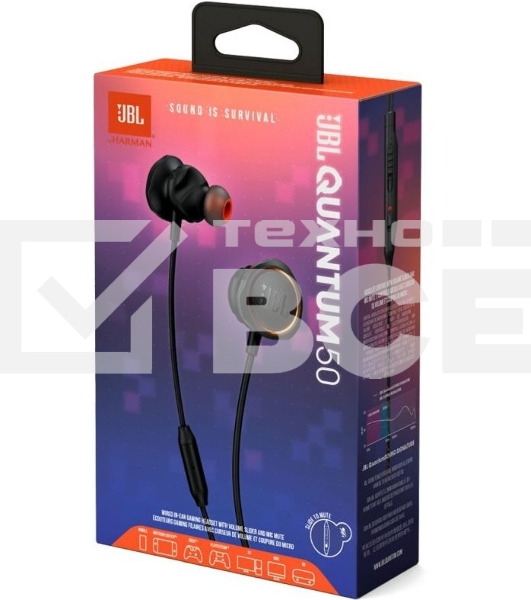 Наушники JBL Quantum 50 (накладные), черный Сопротивление 16 Ом, силиконовые вкладыши трех размеров, вес 21.5г, цвет черный
