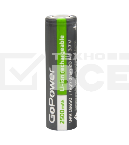 Аккумулятор GoPower Li-ion IMR18650 PC1 20A 3.7V 2500mAh без защиты выс.ток плос.конт.