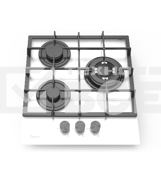 Газовая варочная панель Evelux HEG 425 WG Hi-Tech, 45 см, 3 конфорки, WOK-конфорка, чугунные решетки, газ-контроль, электроподжиг, механическое управление, цвет белый