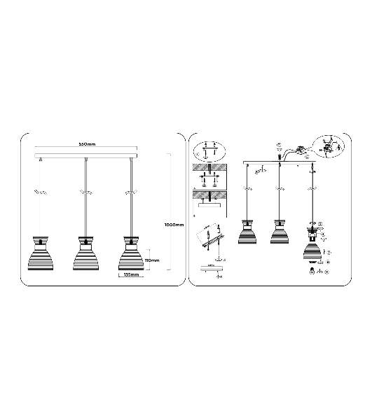 Светильник Ambrella light TR3404/3 BK/FGD/TI черный/золото/янтарь E27/3 max 60W 550*135*1000