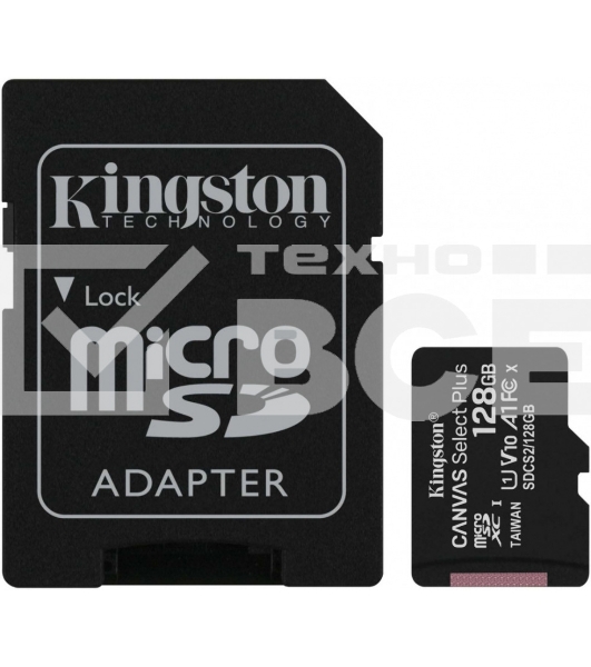 Флеш карта microSDHC 128GB microSDXC Kingston <SDCS2/128GB> Class10 UHS-I Canvas Select up to 100MB/s с адапт.