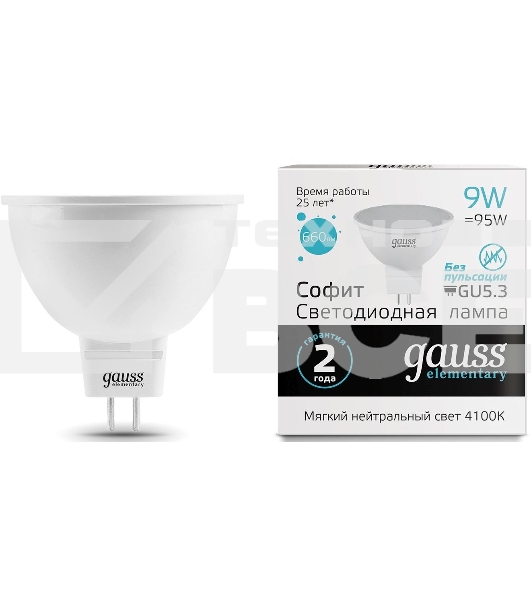 Лампа светодиодная Gauss Elementary MR16 9Вт цок.:GU5.3 спот 220B 4100K св.свеч.бел.нейт. MR16 (упак.:10шт) (13529)