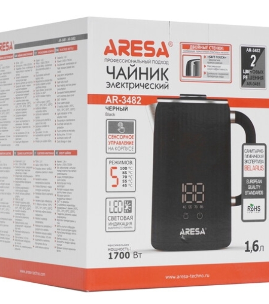 Электрочайник Aresa AR-3481 серый, 1.6 л, 1700 Вт, скрытый нагревательный элемент, поддержание температуры