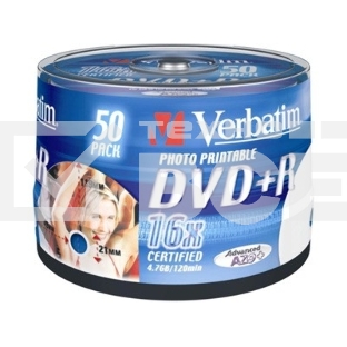 Диск DVD+R Verbatim 4.7Gb 16x Cake Box (50шт) Printable (43512)