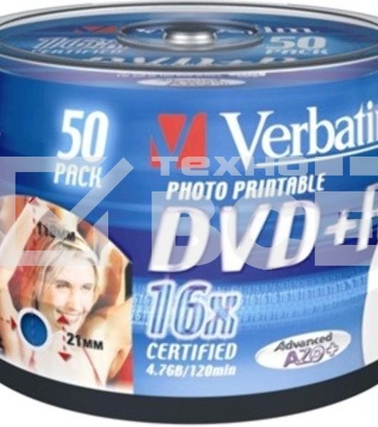 Диск DVD+R Verbatim 4.7Gb 16x Cake Box (50шт) Printable (43512)