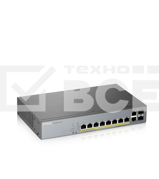 Коммутатор Zyxel GS1350-12HP, 10xGE (8xPoE+), 2xSFP, бюджет PoE 130 Вт, дальность передачи питания до 250 м, автоперезагрузка PoE-портов, повышенная защита от перенапряжений и электростатических разрядов