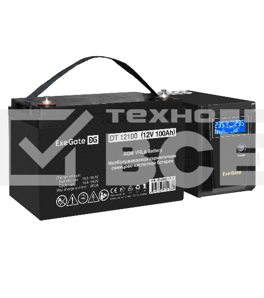 Комплект ИБП EX295986RUS + батарея 100Aч EX282985RUS 1шт (инвертор, синус, для котла) ExeGate SineTower SZ-600.LCD.AVR.1SH <600VA/360W, чистый синусоида, LCD дисплей, AVR, 1*Schuko, линейно-интерактивный, Black> + батарея ExeGate DT 12100 (12В, 100Ач) 1шт