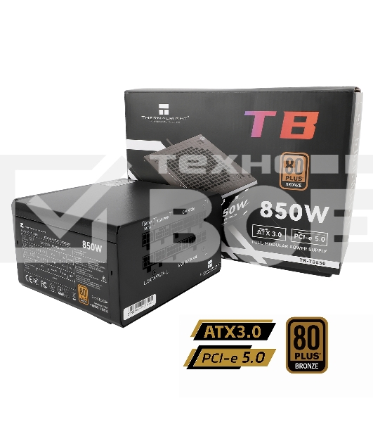 Блок питания Thermalright, 850W 80+ Bronze (ATX, 3.0, PCIe 5.0, Full modular, 1x24(20+4)pin, 2xCPU 8(4+4)pin, 4xPCIe*2 8(6+2)pin, 3xSATA3, 1x12+4pin (12VHPWR PCIe 5.0 12+4pin 600mm), 3xMOLEX4pin, Active, 120x120mm, 150x140x86mm, APFC, black)