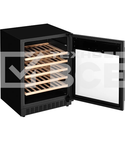 Винный шкаф KUPPERSBERG RBW 85, встраиваемый, High-Tech, объем 135 л, вместимость 54 бутылки, диапазон температуры 5-20 градусов, механическое открытие двери, 5 полок из бука, LCD дисплей, уровень шума 40 дБ, черный