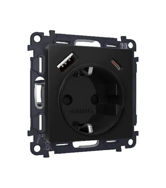 Комплект механизма электрической розетки ALFA Черный матовый 2USB A+C 20W (быстрая зарядка) с/з QUANT (AP8100, VM160) MA810010