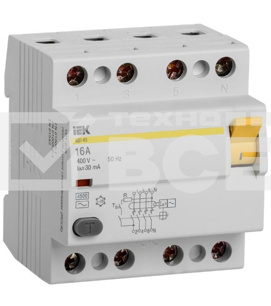 Выключатель дифференциального тока (УЗО) Iek MDV10-4-016-030 ВД1-63 4Р 16А 30мА ИЭК