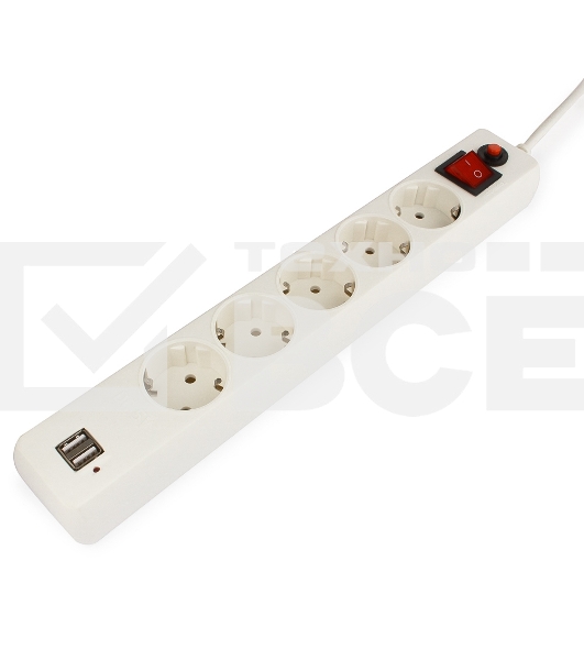 Сетевой фильтр Гарнизон 5р, 10А, 2xUSB, 1.8м, ур.защиты 4, белый, пакет