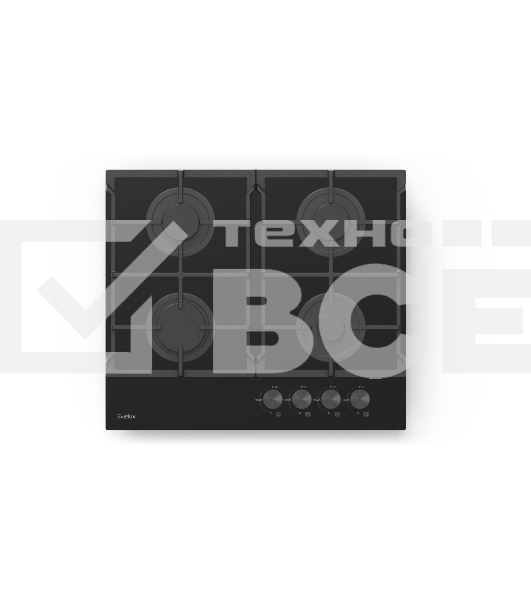 Газовая варочная панель Evelux HEG 615 BG Hi-Tech, 60 см, 4 конфорки, чугунные решетки, газ-контроль, электроподжиг, механическое управление, поверхность из закаленного стекла, цвет черный